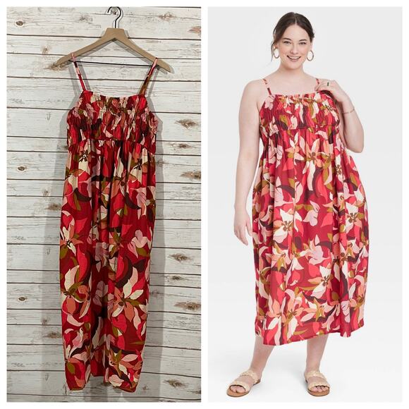 A New Day Spaghetti Strap Smocked Dress - Dark Red Floral - XXL - Picture 1 of 13